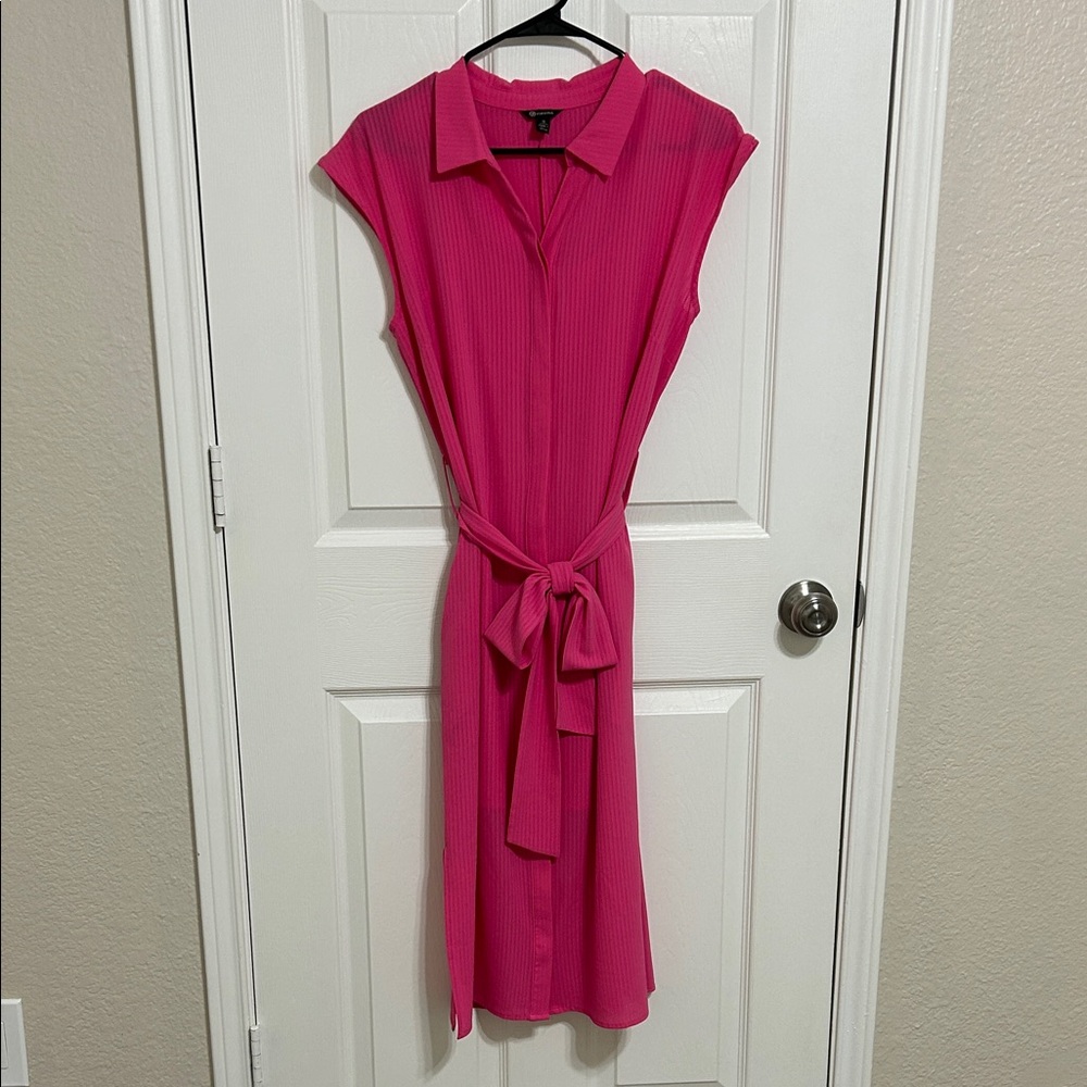 SOLD
Versona Fuchsia Pink Midi Collared Dress with Tie Waist